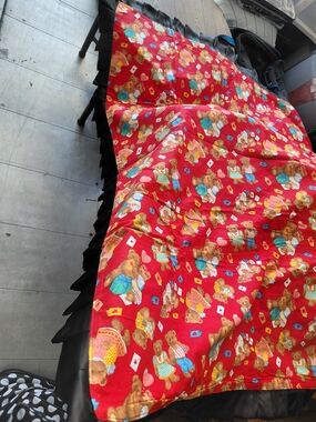 Red Teddy Bear Print Quilt with Black Ruffle Trim Lavender And Wihte & Blue.
